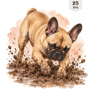25 akvarell leriga hundar clipart-paket, hund som leker i lera JPG, rolig husdjursgrafik, valp som har roligt illustration, scrapbooking