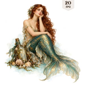 May include: A digital illustration of a mermaid with long wavy red hair, wearing a light-coloured top adorned with pearls. The mermaid has a shimmering teal and gold tail with translucent fins. Beside the mermaid sits a glass bottle, seashells, and pearls. The text 20 JPG appears in the upper right corner.