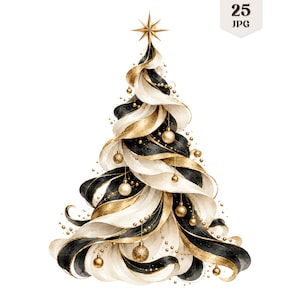 Könnte beinhalten: Eine stilisierte Weihnachtsbaum-Illustration aus wirbelnden Bändern in Schwarz, Weiß und Metallic-Gold. Der Baum ist mit hängenden goldenen Ornamenten und zarten Goldperlenketten geschmückt und wird von einem goldenen Stern gekrönt. Text lautet 25 JPG.