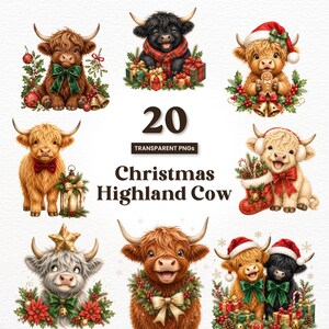 Könnte beinhalten: Eine Sammlung von 20 digitalen Illustrationen mit Highland-Rindern in verschiedenen weihnachtlichen Umgebungen, darunter Weihnachtsmützen, Schals, Stechpalmen, Geschenke und Lebkuchen, mit dem Text 20 TRANSPARENT PNGs Christmas Highland Cow.