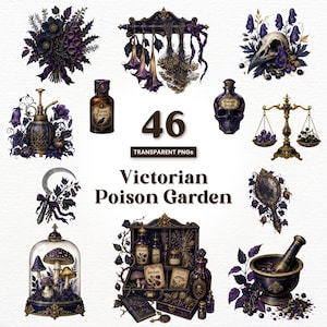 Könnte beinhalten: Eine Sammlung von 46 digitalen Illustrationen mit dunkelvioletten und schwarzen botanischen Elementen, Apothekerflaschen, einem Totenkopf, einer Waage, einem Mörser mit Stößel und Pilzen unter einer Glasglocke, beschriftet als Victorian Poison Garden.