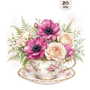 Könnte beinhalten: Eine Aquarellillustration einer weißen Porzellan-Teetasse mit Untertasse, verziert mit kleinen rosa Blumenmustern, gefüllt mit einem Strauß aus leuchtend magentafarbenen Anemonen, cremefarbenen Rosen und grünen Farnwedeln. Text lautet 20 JPG.
