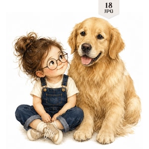 Könnte beinhalten: Eine digitale Illustration eines Kindes mit braunen Haaren in einem unordentlichen Dutt, das eine runde Brille, ein weißes T-Shirt und eine dunkelblaue Jeanslatzhose trägt und neben einem großen Golden Retriever sitzt. Der Text 18 JPG ist oben rechts sichtbar.