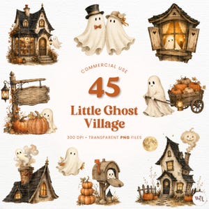 Könnte beinhalten: Eine digitale Sammlung von 45 Illustrationen im Aquarellstil mit Geistern, rustikalen Häusern, Kürbissen und Holzschildern. Der Text lautet: COMMERCIAL USE 45 Little Ghost Village 300 DPI TRANSPARENT PNG FILES. Die Kunst zeigt warme Herbsttöne.