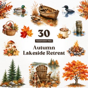 Puede incluir: Una colección de 30 ilustraciones en acuarela titulada Autumn Lakeside Retreat, que incluye un bote de madera, un ánade real, un colimbo, una cesta de picnic, setas, una fogata, una taza, una silla de madera con manta y follaje otoñal.
