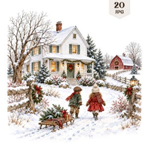 May include: A winter scene illustration featuring a white house and a red barn covered in snow. Two children walk along a snowy path, one pulling a wooden sled loaded with a small evergreen tree and a gift box. A wooden fence lines the path.