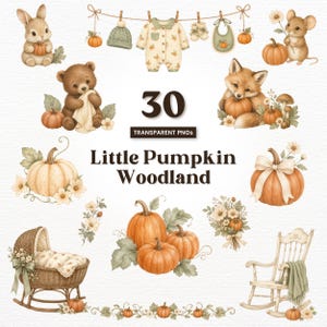 Könnte beinhalten: Eine Sammlung von 30 transparenten PNG-Illustrationen mit dem Titel Little Pumpkin Woodland, die Aquarell-Waldtiere, Kürbisse, Babykleidung auf einer Wäscheleine, eine Weidenwiege, einen Schaukelstuhl und Blumenarrangements zeigt.