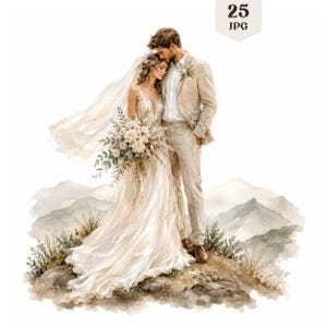 Könnte beinhalten: Eine Aquarellillustration eines Paares in Hochzeitskleidung auf einem felsigen Berggipfel. Die Person links trägt ein weißes Spitzenkleid und einen Schleier und hält einen Blumenstrauß. Die Person rechts trägt einen beigen Anzug. Text lautet 25 JPG.