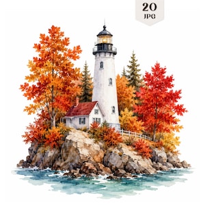 Könnte beinhalten: Eine Aquarellillustration eines weißen Leuchtturms und eines angrenzenden Hauses mit rotem Dach auf einer felsigen, von Wasser umgebenen Insel. Die Szene zeigt herbstliche Bäume in Orange-, Gelb- und Rottönen. Der Text lautet 20 JPG.