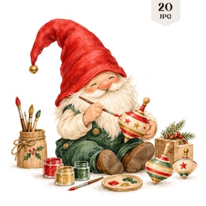 Könnte beinhalten: Eine Aquarellillustration eines Gnoms mit langem weißem Bart, roter Mütze und grüner Latzhose, der einen gestreiften Holzkreisel bemalt. Neben dem Gnom stehen Pinsel in einem Holzgefäß, Farbtöpfe, eine Palette und zwei weitere Holzkreisel.