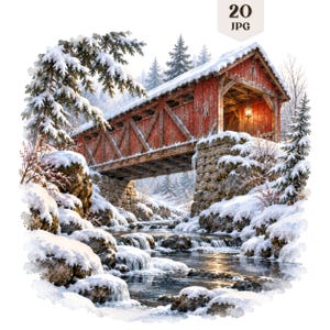 May include: A digital illustration of a red covered bridge spanning a rocky, snow-covered stream. The scene features snow-laden pine trees, stone bridge supports, and a glowing lantern inside the structure. The text 20 JPG appears at the top.
