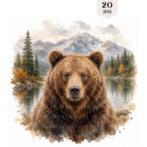 Könnte beinhalten: Eine digitale Illustration eines Braunbären, zentriert vor einer Bergseelandschaft mit Kiefern und schneebedeckten Gipfeln. Das Bild zeigt einen Aquarellstil mit weichen Kanten und enthält den Text 20 JPG in der oberen Mitte.