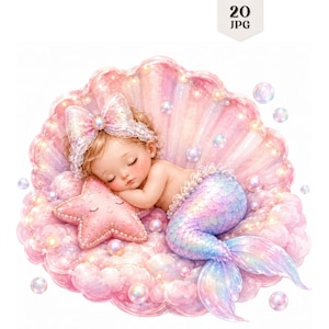 Könnte beinhalten: Eine digitale Illustration eines schlafenden Meerjungfrauen-Babys in einer großen rosa Muschel. Das Baby trägt eine Spitzenschleife, liegt auf einem rosa Seestern und hat einen schimmernden, irisierenden Schwanz. Blasen umgeben die Szene, Text 20 JPG.
