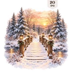 Könnte beinhalten: Eine digitale Illustration einer schneebedeckten Holzbrücke über einen zugefrorenen Bach, flankiert von schneebedeckten Tannen. Die Szene zeigt leuchtende Laternen an den Brückenpfosten und einen Sonnenuntergangshimmel. Der Text 20 JPG steht oben.
