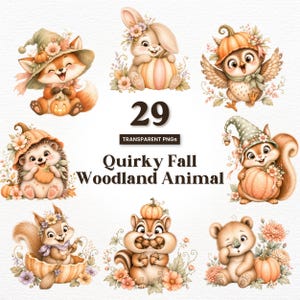 May include: A digital collection of 29 transparent PNGs featuring illustrations of woodland animals including a fox, rabbit, owl, hedgehog, and squirrel with pumpkins and flowers. The text reads 29 TRANSPARENT PNGs Quirky Fall Woodland Animal.