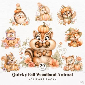 Könnte beinhalten: Eine digitale Clipart-Sammlung mit 29 PNG-Dateien von Waldtieren wie Eichhörnchen, Igel, Eule, Fuchs und Bär, verziert mit Kürbissen, Eicheln und Herbstblumen. Der Text lautet Quirky Fall Woodland Animal CLIPART PACK.