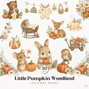 Könnte beinhalten: Eine digitale Clipart-Sammlung mit dem Titel Little Pumpkin Woodland, die Aquarellillustrationen eines Bären, Hirsches, Hasen, einer Maus und einer Eule mit Kürbissen, einer Weidenwiege, einem Holzwagen und an einer Wäscheleine hängender Babykleidung zeigt.