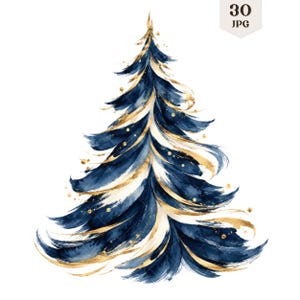 Könnte beinhalten: Eine Aquarellillustration eines Weihnachtsbaums mit tiefblauen und goldfarbenen Pinselstrichen sowie weißen Akzenten. Das Design enthält verstreute goldene Punkte und ein kleines Etikett in der oberen rechten Ecke mit dem Text 30 JPG.