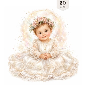 Puede incluir: Una ilustración digital de un bebé con un vestido de encaje blanco con falda de capas y un collar de cruz dorada. El bebé lleva una corona de flores de rosas rosas y hojas verdes. Un halo brillante y estrellado rodea al bebé, con el texto 20 JPG.