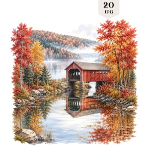 Könnte beinhalten: Eine digitale Illustration einer roten überdachten Brücke, die einen ruhigen Fluss überspannt, umgeben von herbstlichen Bäumen mit leuchtend orangefarbenem und rotem Laub. Die Szene zeigt felsige Ufer, einen nebligen Hintergrund und eine klare Spiegelung der Brücke im Wasser.