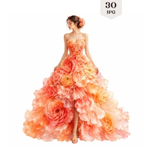 May include: A strapless gown featuring a voluminous skirt covered in layered, oversized fabric flowers in shades of peach, coral, and orange. The bodice is fitted and adorned with smaller floral appliqués, while the skirt has a high-low hemline.