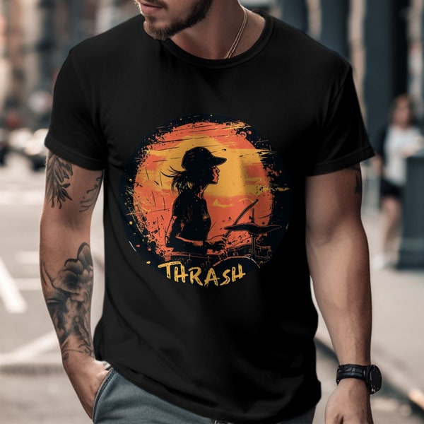 Thrash Metal Drummer T-Shirt, Music Lover Graphic Tee, Sunset Rock Drumming Unisex Sweatshirt, Musician Hoodie Gift