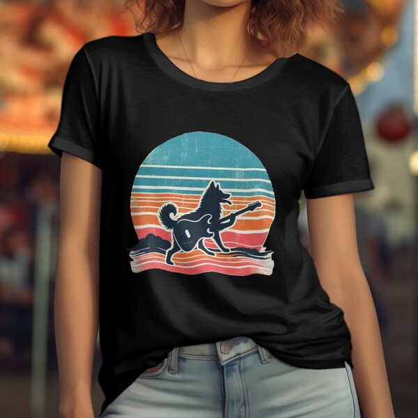 Rock Dog! Playing Guitar Sunset Graphic Tee, Unisex Music Lover T-Shirt, Retro Style Rock and Roll Sweatshirt, Trendy Metal Hoodie