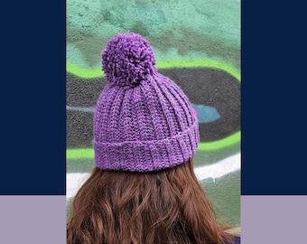 PDF Crochet Pattern - Easy Ribbed POM POM Beanie Hat - Knit look- english pattern - U.S. terms