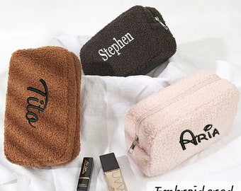 Personalized Embroidered Teddy Fur Pouch Teddy Makeup Bag Custom embrodery Name Travel Pouch Toiletry Bag Women Accessories bag Women gift