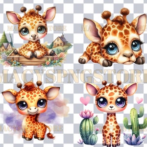 May include: Four digital illustrations of cute cartoon giraffes with large eyes. The giraffes are in different poses, including sitting, lying down, and standing. The illustrations are in a cartoon style and have a whimsical feel.