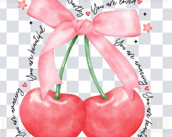 Valentine&#39;s Day Design, Pink Valentine Coquette Bow PNG, Retro Valentine&#39;s Sublimation, You Are Loved SVG, Coquette Bow, Cherry