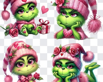 Valentinstag Weihnachten Grinchy Design, 4 rosa Grinch T-Shirt Design, süßes lustiges XOXO PNG, grüne Sublimation, Weihnachtsdesign, frohe Weihnachten