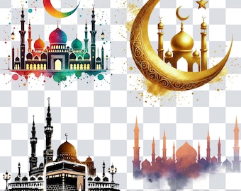 Ramadan Kareem Watercolor Mosque Silhouette PNG JPG Bundle (Digital Download)