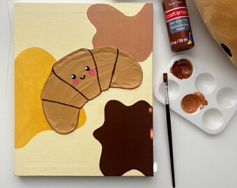 Kawaii Croissant Canvas Art: 3D Embossed Acrylic Painting, 8x10