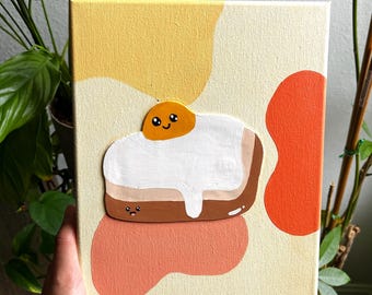 3D Egg and Toast Painting, Kawaii Kitchen Art, Breakfast Decor