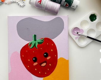 Kawaii Strawberry 3D Canvas Art: Playful Kitchen Decor 8x10