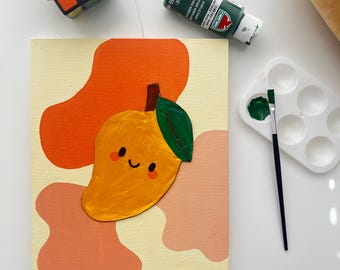 3D Embossed Mango Canvas Painting: Kawaii Kitchen Decor, 8x10 Handmade Acrylic Art