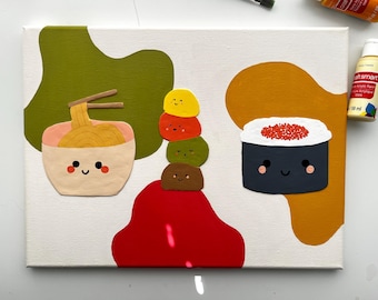 3D Embossed Kawaii Japanese Food Art: Ramen, Mochi, Sushi on Canvas