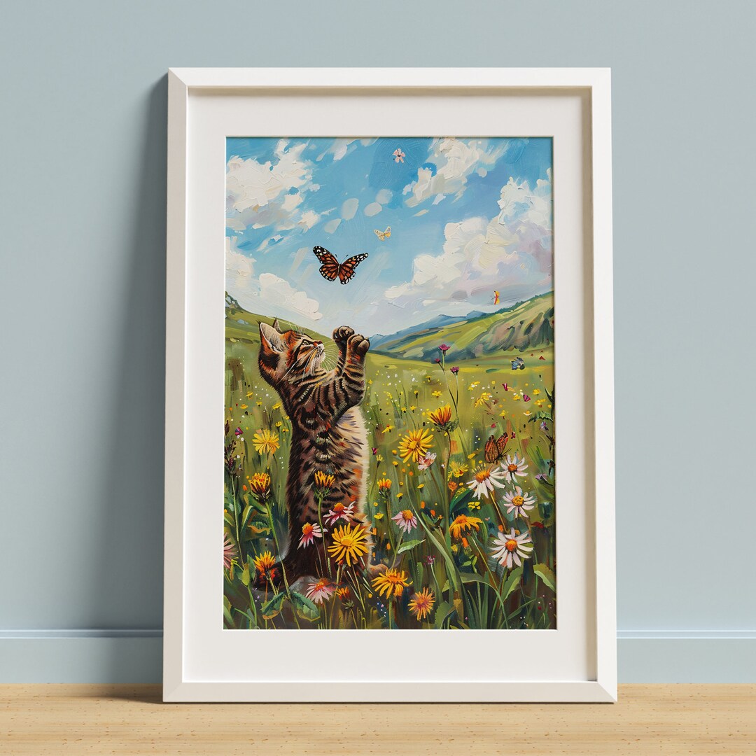 Whimsical Tabby Cat Digital Art Print - Butterfly Meadow Kitten Poster ...