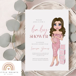 Zaproszenie na Baby Shower z Różową Postacią, Cyfrowe Zaproszenia na Baby Shower dla Dziewczynek, Szablon Zaproszenia do Wydrukowania, Przyjęcie dla Przyszłej Mamy, Spersonalizowane
