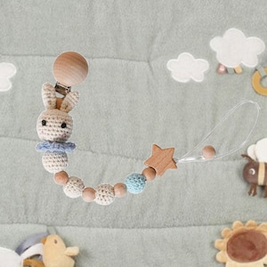Blue Crochet Rabbit Pacifier Clip, Handmade Dummy Clip, Crochet Beads Pacifier Chain, Wooden Star Pacifier Holder, Crochet Baby Gift