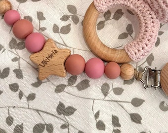 Personalised Dummy Clip, Silicone Beads Pacifier Chain, Wooden Star Custom Pacifier Holder, Pacifier Clip With Baby Name