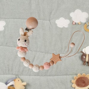 Pink Crochet Rabbit Pacifier Clip, Handmade Dummy Holder, Crochet Beads Pacifier Chain, Wooden Star Pacifier Holder, Crochet Baby Gift