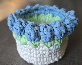 Handmade Crochet Rose Basket | T-Shirt Yarn Storage | Blue Floral Organizer