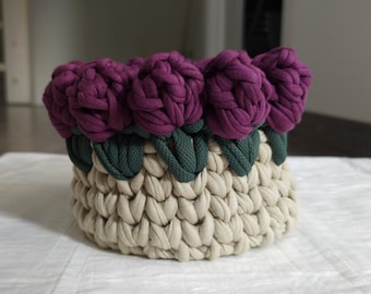 Hand crocheted rose basket | Purple floral T-shirt yarn organizer | Plant pot cover