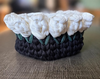 Handmade Crochet Rose Basket | Black T-Shirt Yarn Storage Organizer