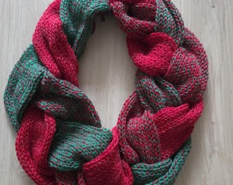 Chunky Knit Scarf | Green Red Alpaca Blend, Braided Texture, Winter Warmth