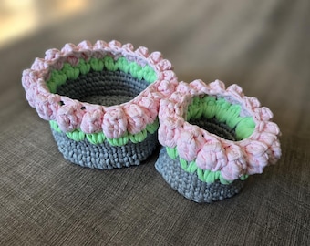 Set of 2 Crochet Rose Baskets | T-Shirt Yarn Storage, Nursery Organizer