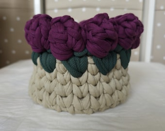 Beige Crochet Rose Basket with Burgundy Roses | Handmade Decor Basket