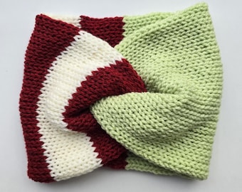 Hand Knitted Christmas Headband | Festive Green Red Acrylic Ear Warmer